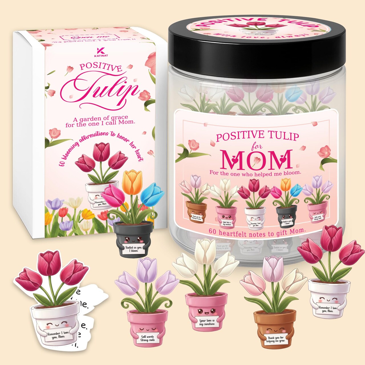 Positive Tulip Jar for Mom – 60 Thoughtful Emotional Support Tulips, Cute Birthday Mothers Day Gifts for Mom Step Mom from Daughter Son, Easter Basket Stuffers for Mom, Step Mom, Mother in Law, Wife
